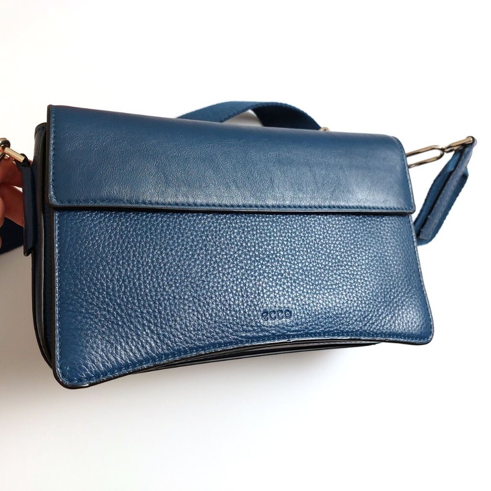 ECCO Pinch Bag Large – Seaport Teal Blue Leather Crossbody with Canvas Strap - Picture 12 of 16